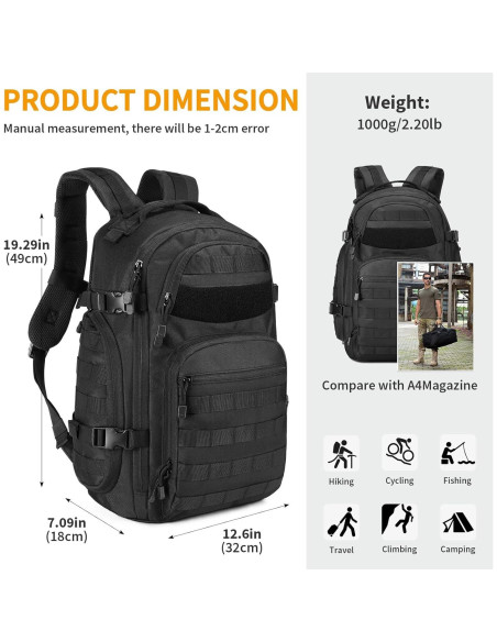 CamGo Mochila Táctica MOLLE 25L Negra para Senderismo