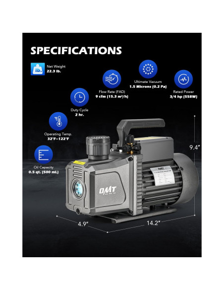 Bomba de Vacío Orion Motor Tech 2 Etapas 9 cfm 3/4 hp