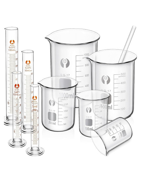 Juego de 10 Vasos y Cilindros Medidores de Vidrio Feekoon