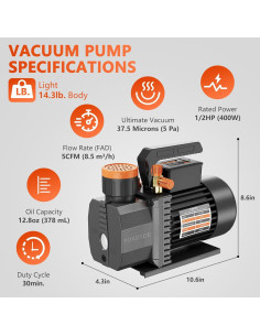 Bomba de vacío POADTOR 5CFM 1/2HP 37.5 micrones 110V 2