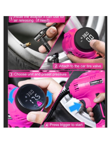 Compresor de Aire THINKWORK Rosa 20V Inalámbrico 150 PSI