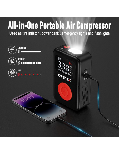 Compresor de Aire Portátil GREPRO GP1533 160 PSI con Luz LED