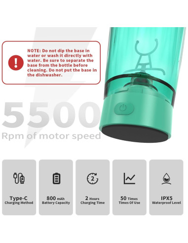 Botella Mezcladora Eléctrica TOOFEEL 590 ml Verde Claro