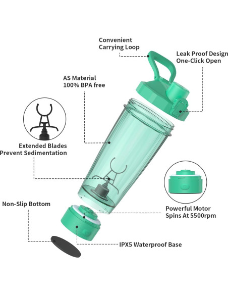 Botella Mezcladora Eléctrica TOOFEEL 590 ml Verde Claro