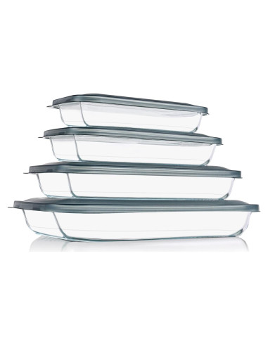 Set de 4 bandejas de vidrio KOMUEE con tapas 3.2L gris