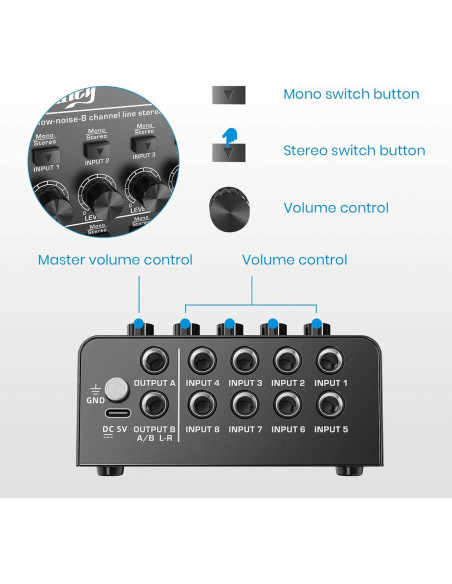 Mezclador de Audio Moukey MK0150 8 Canales Bajo Ruido