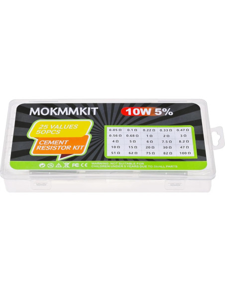 Kit de Resistores de Cemento MOKMMKIT 10W 50 Piezas 0.05-100 Ohm