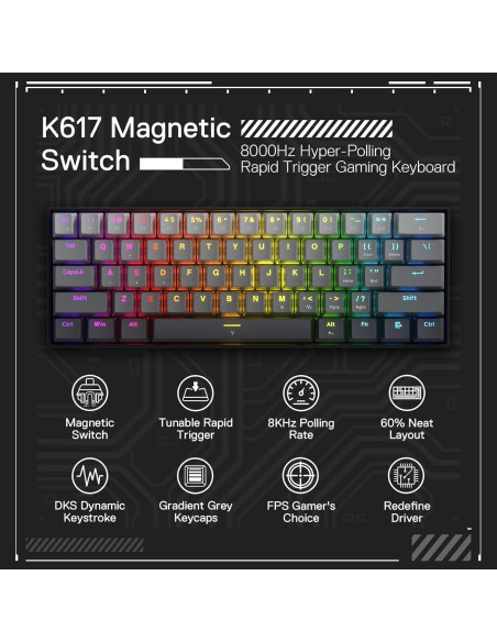Teclado Gaming Redragon K617M 60% Mecánico 61 Teclas Gris
