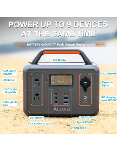 Generador Solar Portátil ALLWEI 300W 280Wh para Camping