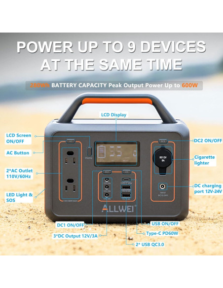 Generador Solar Portátil ALLWEI 300W 280Wh para Camping
