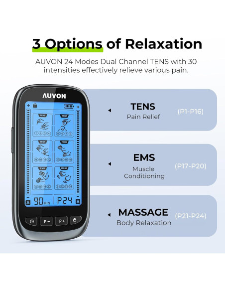 AUVON Estimulador Muscular TENS 3-en-1 con 24 Modos