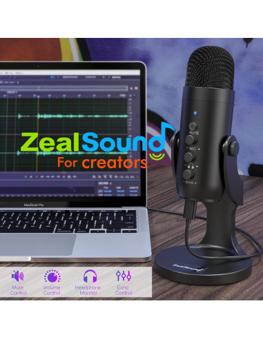 Micrófono USB ZealSound K66 para PC y PS4/PS5, Negro