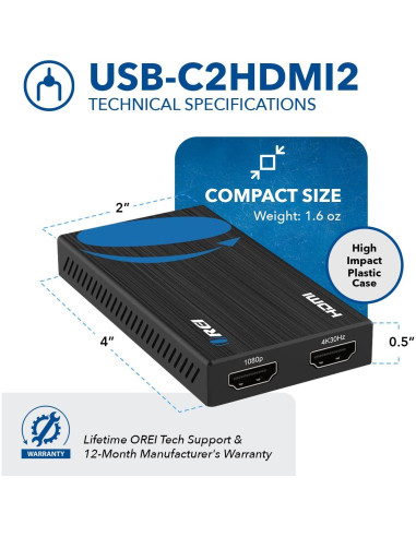 OREI Adaptador HDMI Doble Monitor 4K USB-C y USB-A