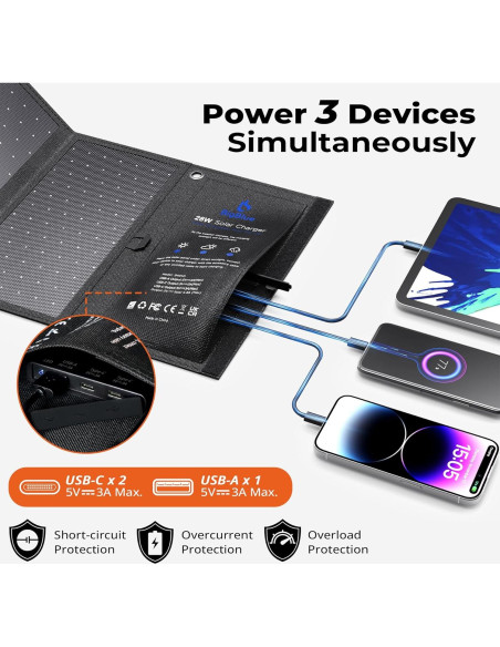 Cargador Solar BigBlue 28W 3 Puertos USB Plegable Camping