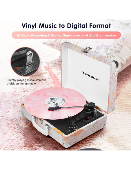 Reproductor de Vinilo TANLANIN TE-001PK Floral Rosa Bluetooth