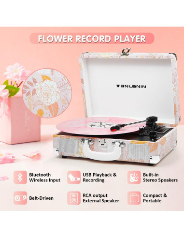 Reproductor de Vinilo TANLANIN TE-001PK Floral Rosa Bluetooth