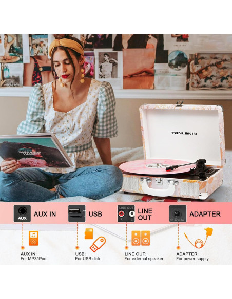 Reproductor de Vinilo TANLANIN TE-001PK Floral Rosa Bluetooth