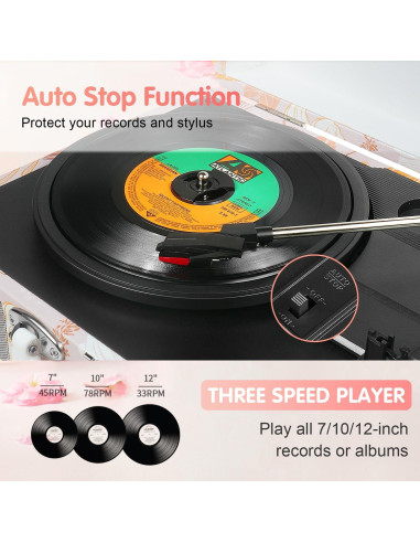 Reproductor de Vinilo TANLANIN TE-001PK Floral Rosa Bluetooth