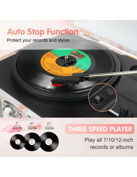 Reproductor de Vinilo TANLANIN TE-001PK Floral Rosa Bluetooth