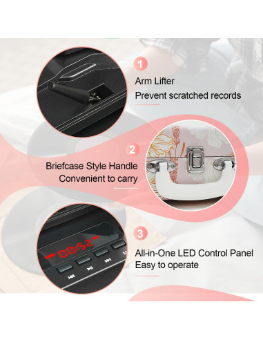 Reproductor de Vinilo TANLANIN TE-001PK Floral Rosa Bluetooth