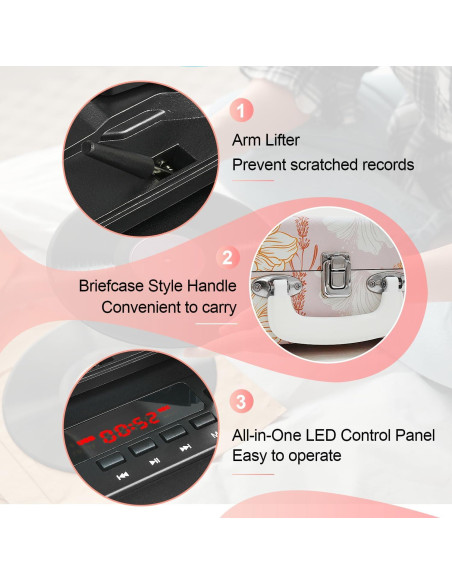 Reproductor de Vinilo TANLANIN TE-001PK Floral Rosa Bluetooth