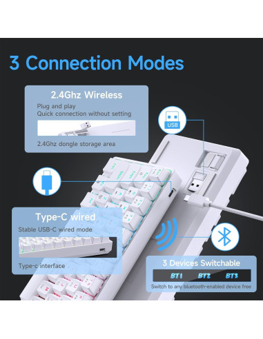 Teclado Mecánico DIERYA DK63 Inalámbrico RGB 60% Blanco