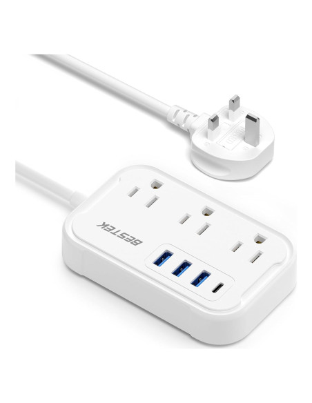 Adaptador de Enchufe de Viaje BESTEK Tipo G con 3 Salidas y 4 USB