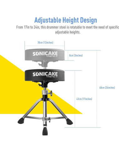 SONICAKE Trono de Batería Ajustable Negro 204 kg Soporte