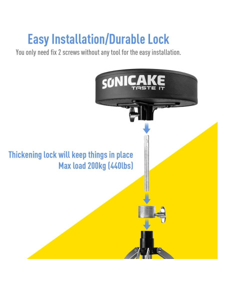 SONICAKE Trono de Batería Ajustable Negro 204 kg Soporte