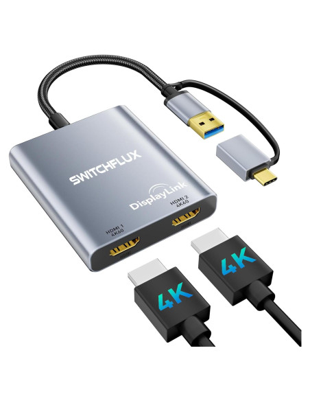 Adaptador USB C a Doble HDMI SWITCHFLUX 4K 60Hz Mac/Windows