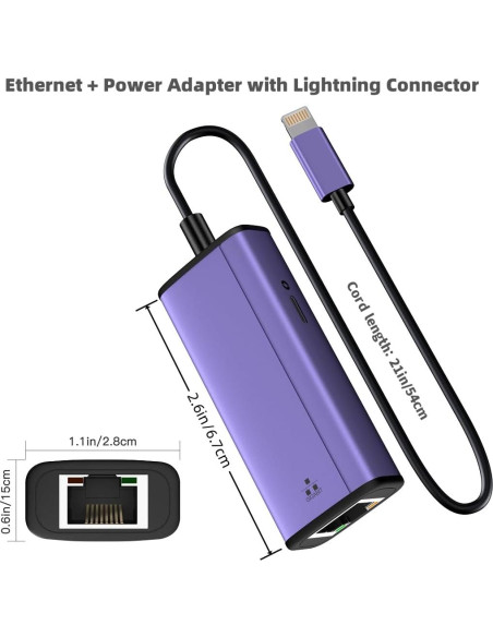 Adaptador Lightning a Ethernet Sunshot 2 en 1 RJ45 50 cm