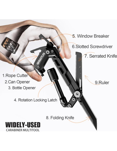 Carabiner Multitool GIRIAITUS 8-en-1 Negro para Camping