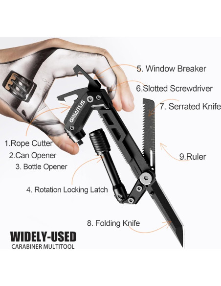 Carabiner Multitool GIRIAITUS 8-en-1 Negro para Camping
