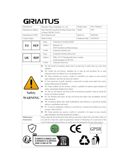 Carabiner Multitool GIRIAITUS 8-en-1 Negro para Camping