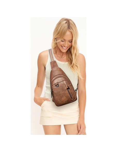 Mochila Sling 7L de Cuero Antirrobo para Viaje - Marrón