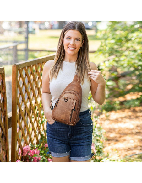 Mochila Sling 7L de Cuero Antirrobo para Viaje - Marrón