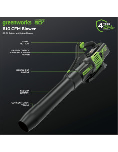 Soplador de Hojas Greenworks 60V 610 CFM Batería 2.5Ah 2