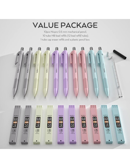 Set de 10 Lápices Mecánicos Nicpro 0.5mm con Recargas HB
