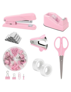Juego de Suministros de Oficina SKYDUE Rosa - Grapadora, Tijeras y Clips