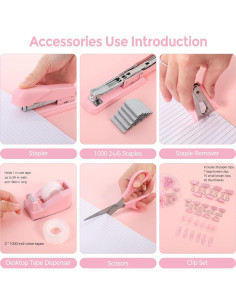Juego de Suministros de Oficina SKYDUE Rosa - Grapadora, Tijeras y Clips 2