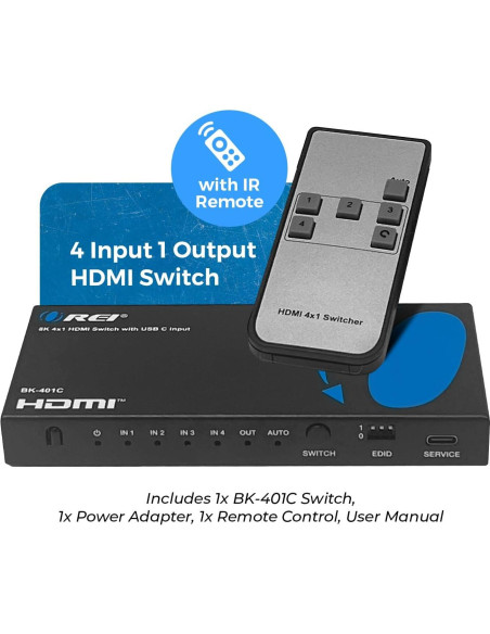 Interruptor HDMI 4x1 OREI BK-401C 8K 60Hz USB-C 48Gbps