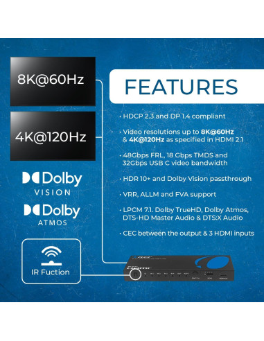 Interruptor HDMI 4x1 OREI BK-401C 8K 60Hz USB-C 48Gbps
