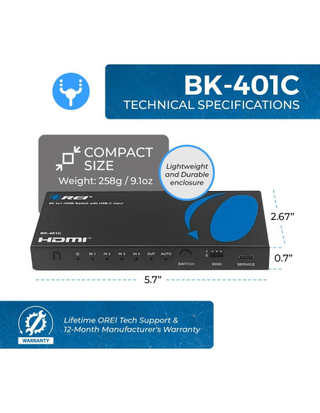 Interruptor HDMI 4x1 OREI BK-401C 8K 60Hz USB-C 48Gbps