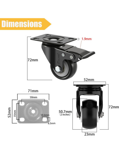 Ruedas Caster Julang 5.08cm con Freno y Bloqueo para Muebles
