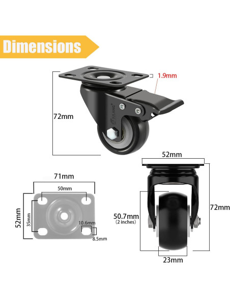 Ruedas Caster Julang 5.08cm con Freno y Bloqueo para Muebles Ruedas Caster Julang 5.08cm con Freno y Bloqueo para Muebles