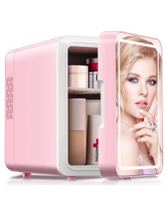Nevera Mini Reemix 6L con Espejo LED Rosa para Cosméticos