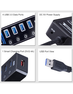 Hub USB 3.0 Tendak CP-029-BK con 4 puertos y carga 2