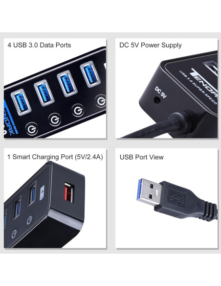 Hub USB 3.0 Tendak CP-029-BK con 4 puertos y carga
