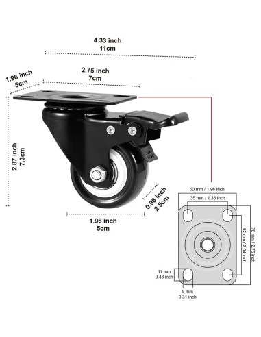 Juego de 4 ruedas giratorias ASHGOOB 5 cm con freno