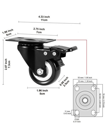Juego de 4 ruedas giratorias ASHGOOB 5 cm con freno Juego de 4 ruedas giratorias ASHGOOB 5 cm con freno